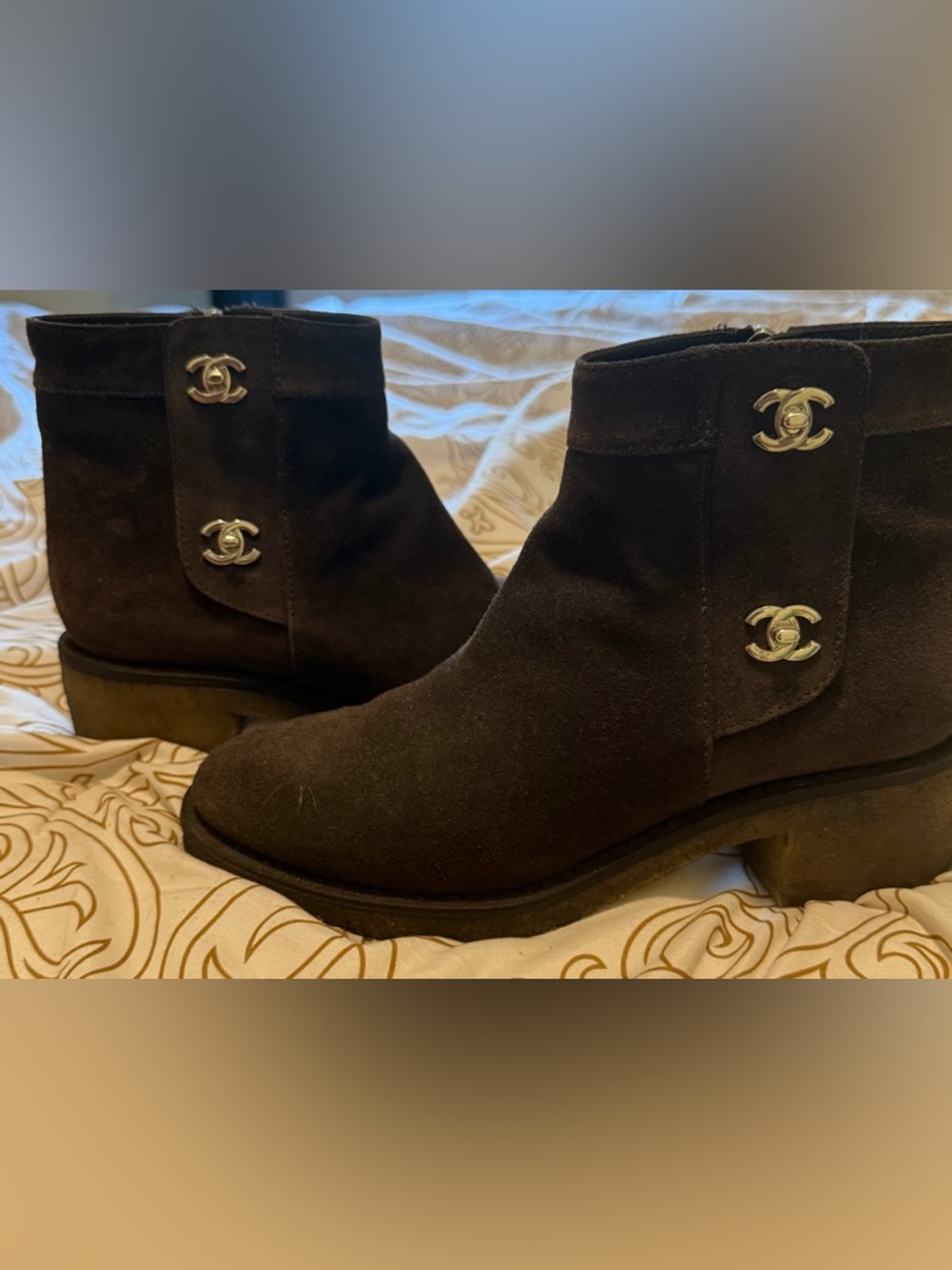 Chanel Brown Suede Ankle Boots with CC Logo Hardware